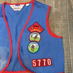 Vintage Awana‎ Cubbies Children's Vest Blue Red Trim Size Medium Award Patches